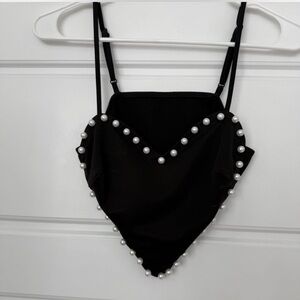 Black Heart Crop Top with Pearl Accents